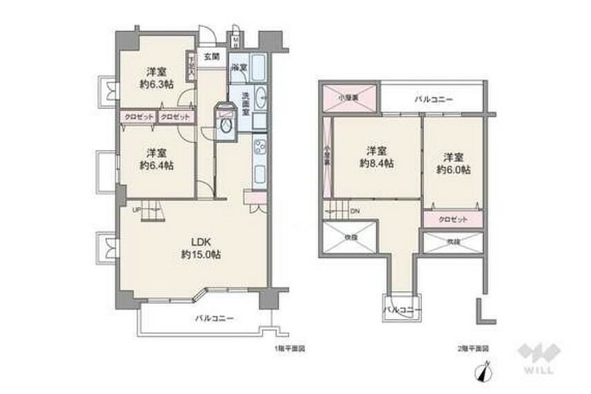 間取り図 間取りは専有面積106.59平米の4LDK。戸建感覚が味わえるメゾネットのプラン。LDKは一角に階段が設置されており、天井が高く一部吹き抜けで開放感があります。