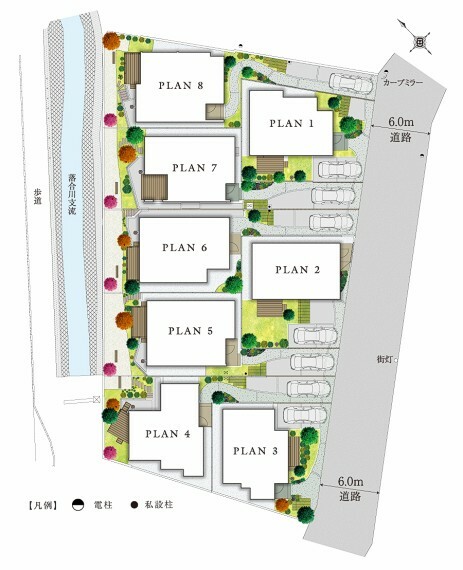 区画図 【ゆとりの敷地面積118平米以上】  第一種低層住居専用地域にあり、ゆったりとした景観を将来的にも楽しめる環境です。また、ゆとりの敷地面積に加え、道幅6m道路側にカースペースをまとめることで、街並みに開放感を創出しています。