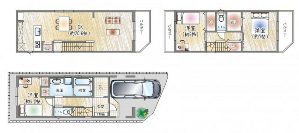 【確定図】3階建て×3LDKモデルハウス建築中  建物価格:1980万円、建物面積:98.82平米
