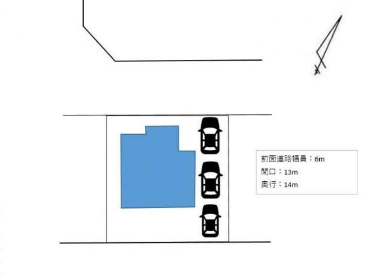 区画図 【区画図】駐車場は縦列3台可能です。、（普通車2台、軽自動車1台）前面道路の幅員が6mと広いため、運転が苦手な方でも楽に駐車ができます。