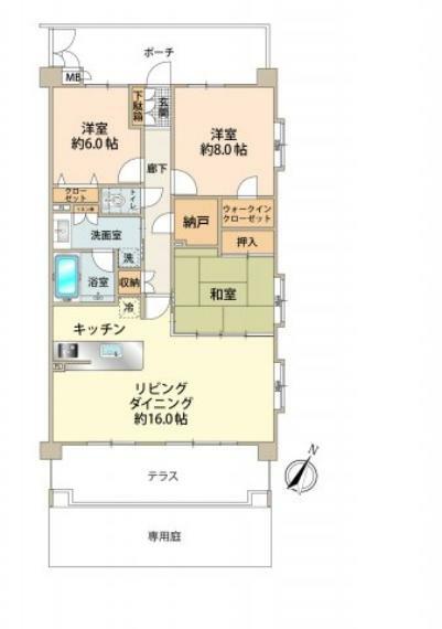 3LDK＋D（書斎）、専有面積:90.75m2、テラス面積:13.96m2、ポーチ面積:13.88m2、専用庭面積:16.03m2