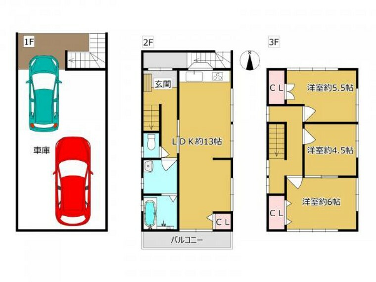 間取り図 【間取図】2階にLDK、3階に3部屋洋室の3LDKです。3階の4.5帖の洋室は間仕切り壁を作り、独立した居室としてもお使いいただけます。