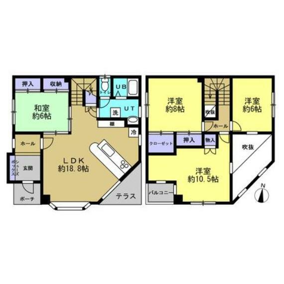 間取り図 間取は4LDKで1階に和室が1部屋、2階に洋室が3部屋あります。キッチンが吹き抜けになっているので開放感があります。