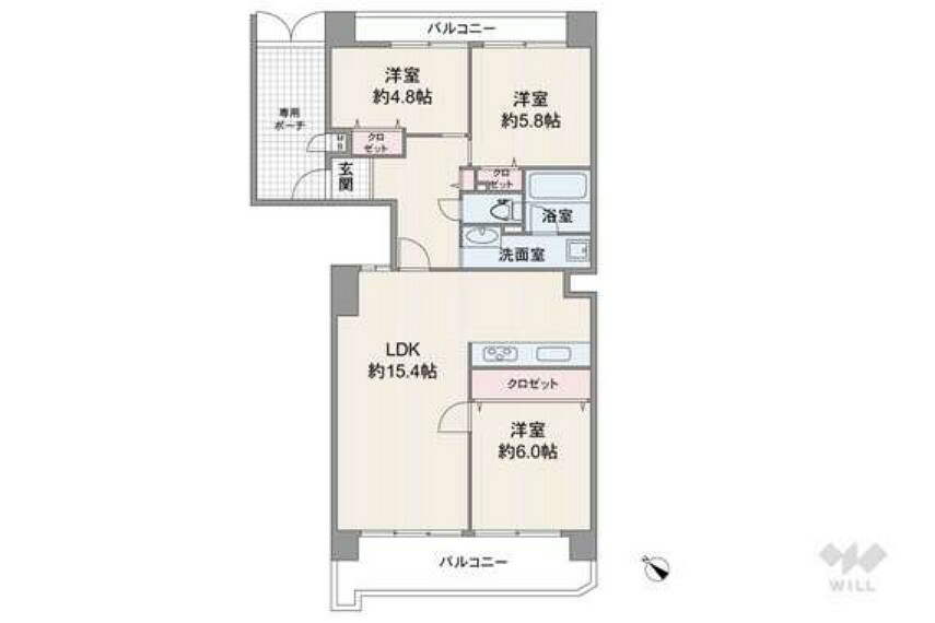 間取り図 間取りは専有面積75.84平米の3LDK。LDK約15.47帖のプラン。複数方向に採光部があり、バルコニー面積は18.8平米です。