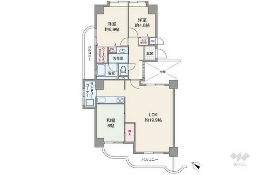 間取り図 専有面積81.89平米の3LDK。玄関先から室内を見通しにくいプライバシー性の高い造りです。キッチン横にバルコニーに面したランドリースペースがあり、家事動線良好。