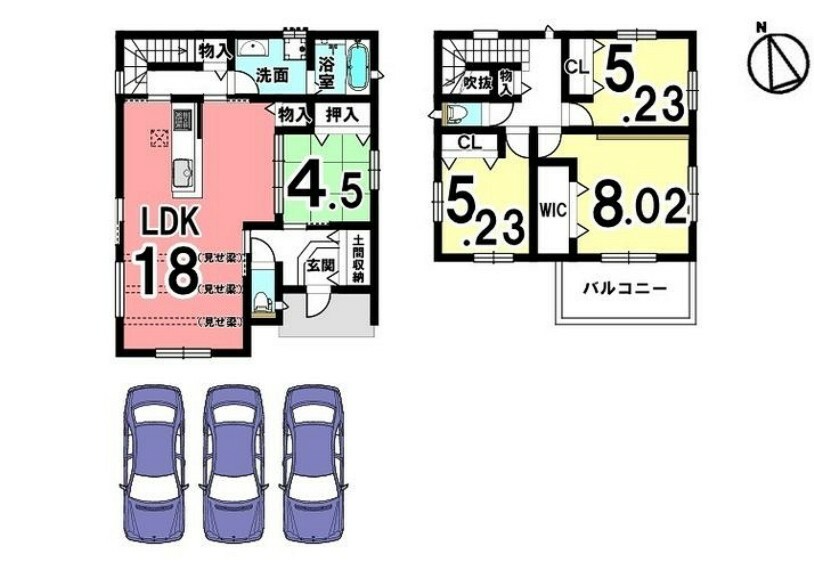 間取り図 1階は和室を合わせて22.5帖の大きなお部屋としても利用可能。階段をリビング奥に配置したご家族が顔を合わせやすい間取りです。