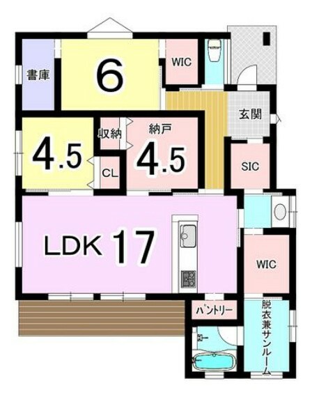 間取り図 【3LDK＋ウォークインクローゼット・シューズクローク・サンルーム・パントリー・書庫】　建物面積90.26m2（27.3坪）