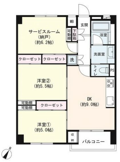 間取り図 2SDK/60.10平米/7階部分/南東向き