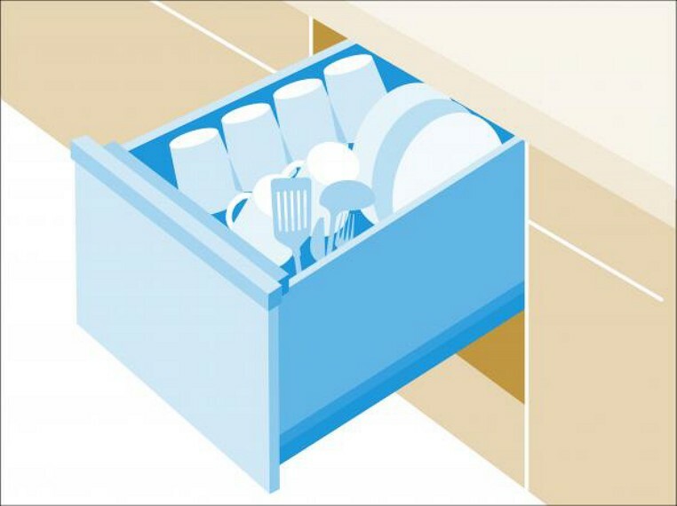 キッチン 食器洗浄乾燥機　食器の後片付けに便利な食器洗浄乾燥機を標準装備。ビルトインタイプなので見た目もスッキリ、特に共働き世帯のご家族には必須品です。