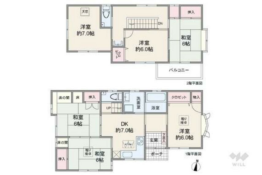 間取り図 間取りは延床面積109.08平米の6DK。個室は6部屋あり、うち2部屋に堀り座卓が設けられています。キッチンと洗面室（洗濯機置場）の距離が近く、家事動線に優れているのもポイントです。