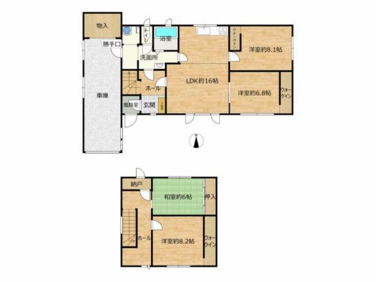 間取り図 間取は4LDKです。1階に洋室が2間、2階に洋室1間と和室1間です。1階の洋室はリビングと繋げて使うこともできます。