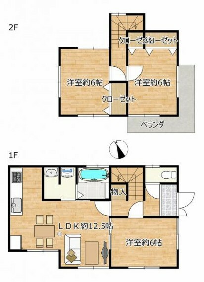 間取り図 【リフォーム済】間取図　3LDKの住宅です。和室とダイニングキッチンを繋げて12帖のLDKに変更しました。2階和室も洋室に変更しました。（家具イメージ）