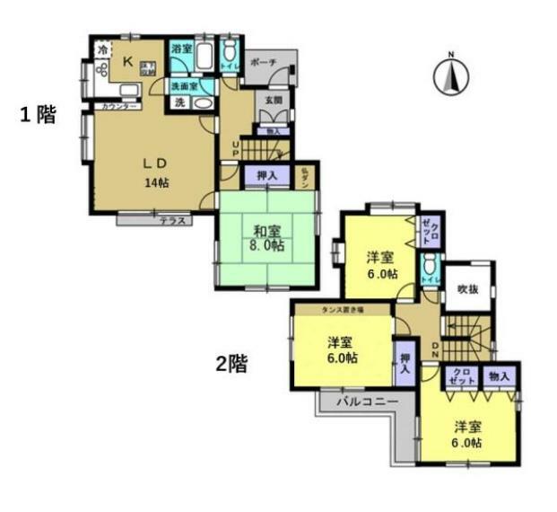 間取り図 【間取図】1階にLDKと和室。2階に3居室の使いやすい間取です。全部屋に収納があると便利で良いですね。2階にもトイレがあると便利ですね。各居室とリビングも広さがあり、ご家族皆様の団らんスペースにピッタリです。