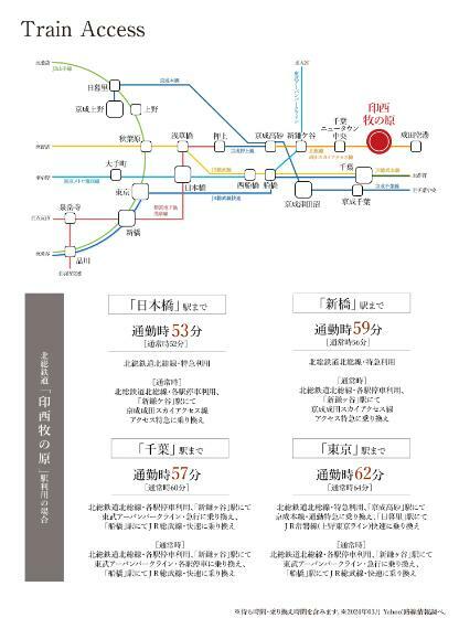 北総線「印西牧の原」駅から「日本橋」駅へ通勤時直通53分、「新橋」駅へ通勤時直通59分、「千葉」駅へ通勤時57分、「東京」駅へ通勤時62分。都心の主要スポットに1時間前後で到着します。
