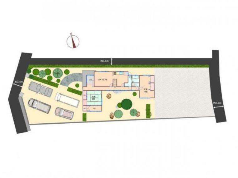 区画図 敷地面積699.22m2（211.51坪）駐車スペースは4台分です。和の庭が印象的です。敷地東側の約60坪程度は更地となっておりますので、離れを建てたりドッグランなどのスペースとして利用できますよ。