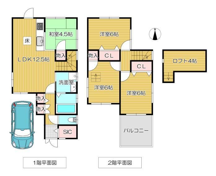 間取り図 3SLDK、駐車1台可（南向き）