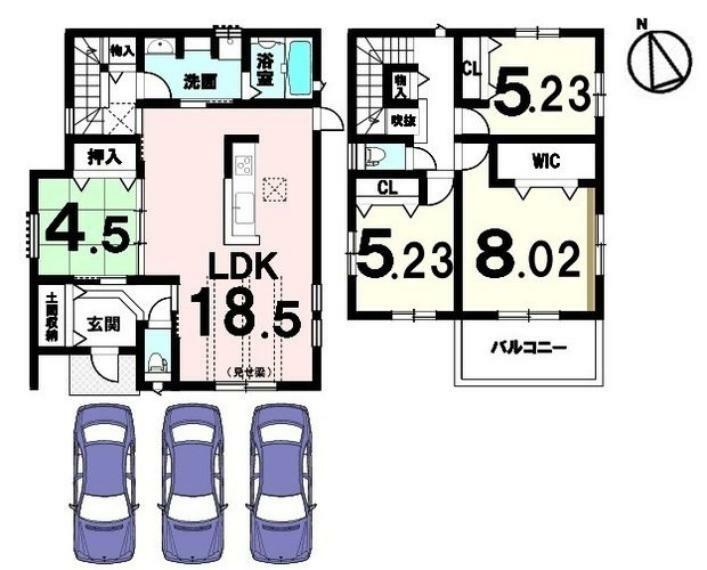間取り図 18.5帖のLDKはアイランド諷のキッチンを設置致します。和室を合わせて23帖の広々とした空間です。