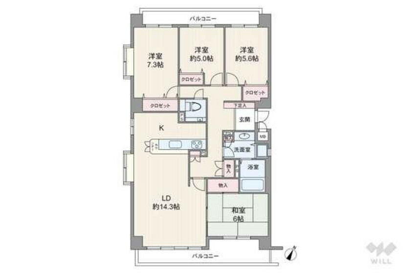 間取り図 間取りは専有面積100.26平米の4LDK。全居室がバルコニーに面したプラン。玄関はプライバシーに配慮されたセンターインです。浴室・キッチンに窓有り。複数方向に採光部があります。