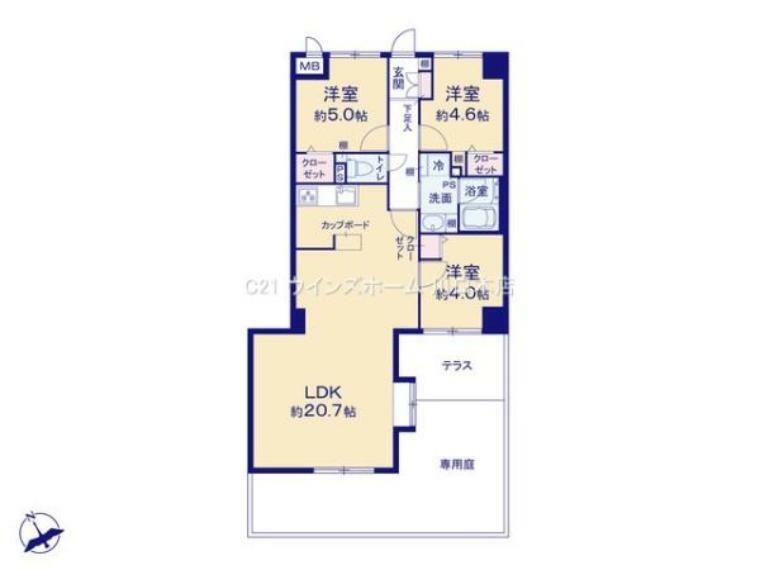 間取り図 LDKはゆったり20帖超の3LDK！テラス・専用庭付き！リノベーション済シックなデザインの拘りのお部屋です！