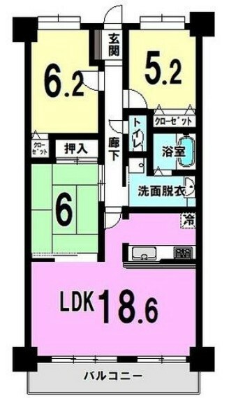 3LDK【LDK18.6帖/和室6帖/洋室6.2帖/クローゼット/洋室5.2帖/クローゼット/バルコニー】
