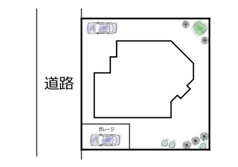 土地図面 リフォーム済　敷地図です。西側で幅員約6m道路に接しています　駐車場を拡張し2台の駐車が可能になりました。交通量が少ないので駐車はラクに行えますよ。