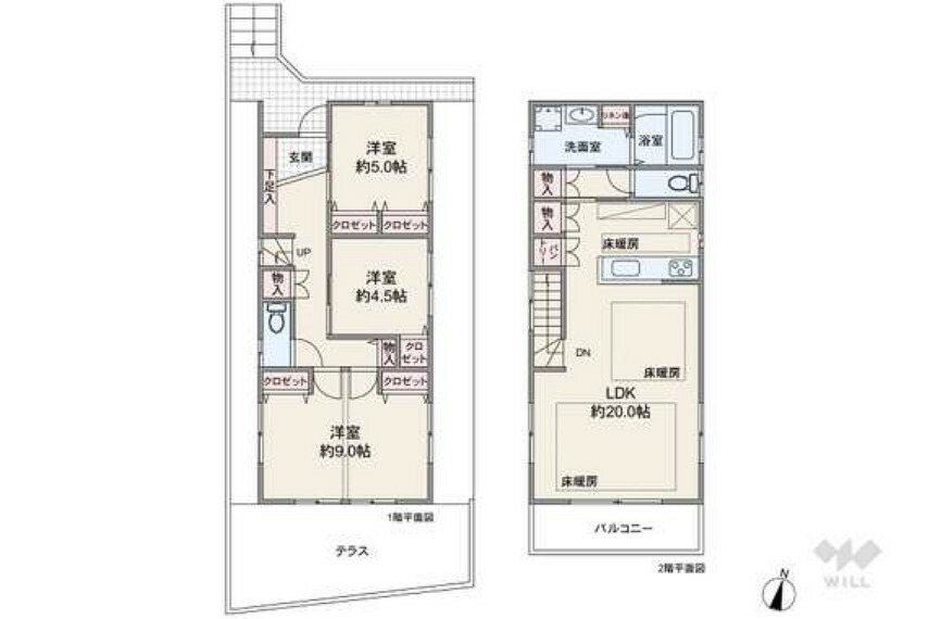 間取り図 間取りは延べ床面積97.72平米の3LDK。2階には一度LDKを通ってアクセスするため、家族の動きがわかりやすく安心です。2階の洋室に壁を立てれば、4LDKとしても使えます（工事費要）。