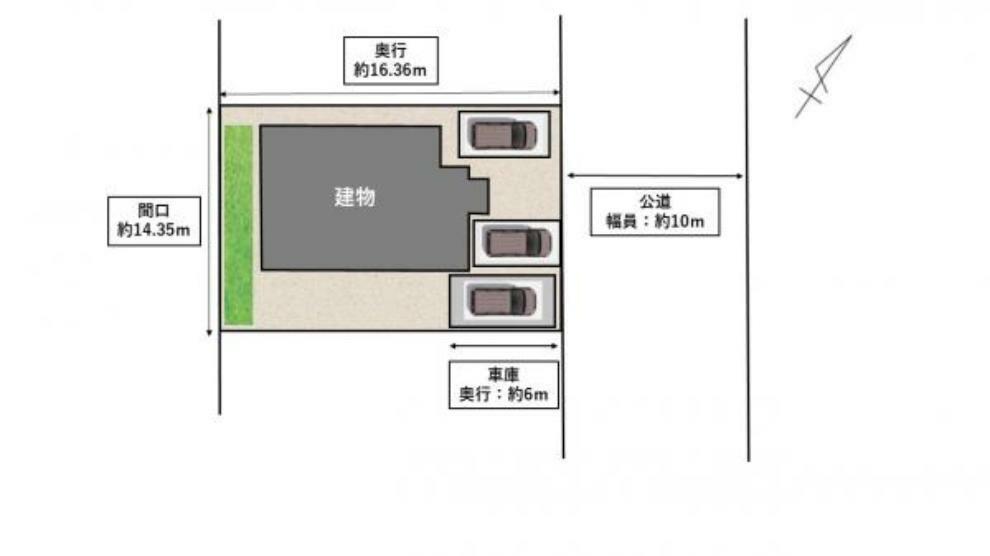 区画図 【敷地配置図】車庫1台、青空2台の計3台駐車可能。庭あり。