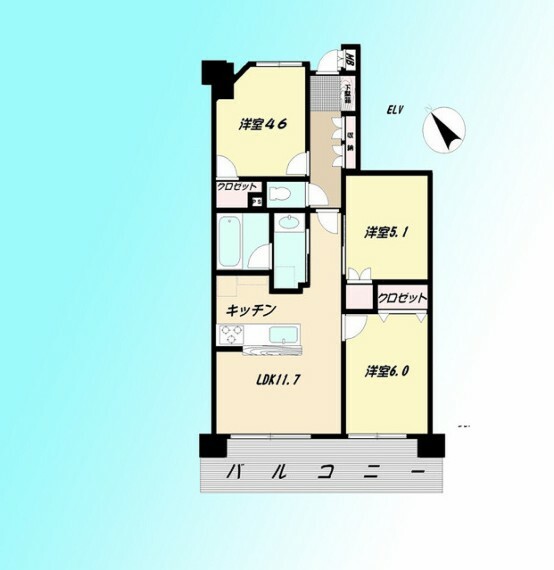 間取り図 南西向き、3LDKの間取り。