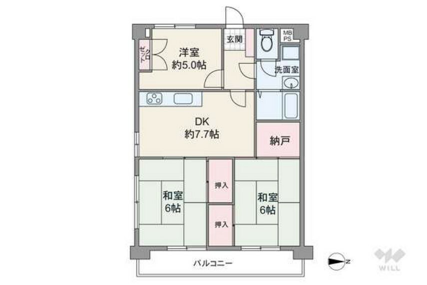 間取り図 間取りは専有面積56.64平米の3DK。部屋の中央にDKがある、家族の動きがわかりやすいプラン。各個室に収納スペースが設けられています。
