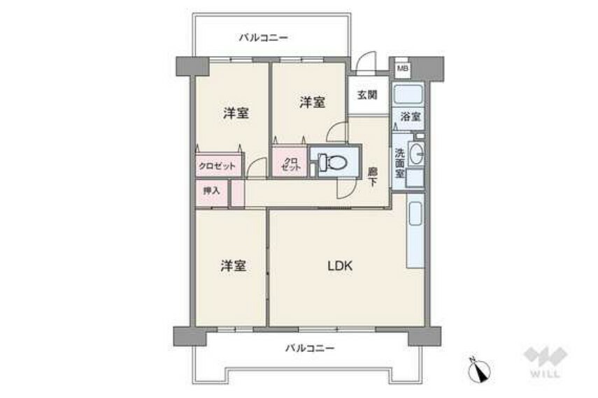 間取り図 間取りは専有面積66.18平米の3LDK。両面バルコニーで風通しの良いプラン。LDKと和室が続き間で、繋げて一つの空間としても使用出来ます。