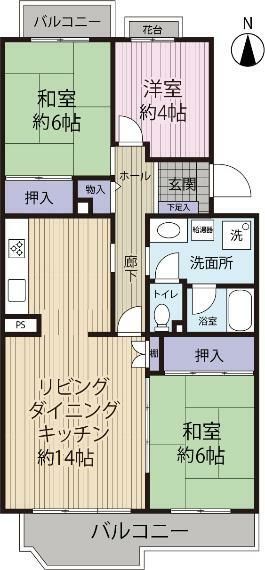 間取り図 南北両面バルコニー。平成25年11月に窓サッシ交換を行っています。