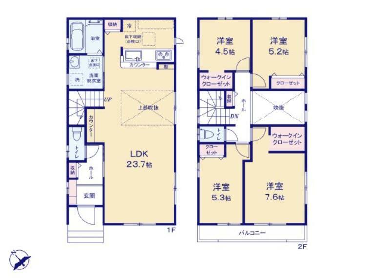 間取り図 広いLDK23.7帖・リビング上部は開放感のある吹き抜けの仕様です。 2階4部屋はご家族それぞれのお部屋に最適です。