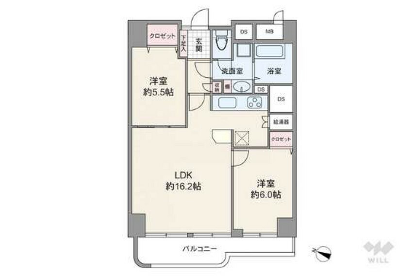 間取り図 間取りは専有面積63.65平米の2LDK。LDKを通って個室にアクセスする、家族のコミュニケーションの機会が増えるプラン。居室はすべて洋室仕様。バルコニー面積は9.02平米です。