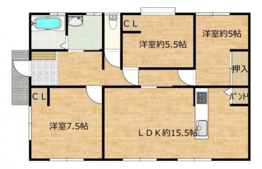 間取り図 【RF後間取り図】3LDKの間取りに変更しました。LDKは15帖ほどと開放的な空間にしています。その他の居室（洋室）も3部屋あるので、ご家族でのお住まいにもぴったりです。新生活にいかがでしょうか。