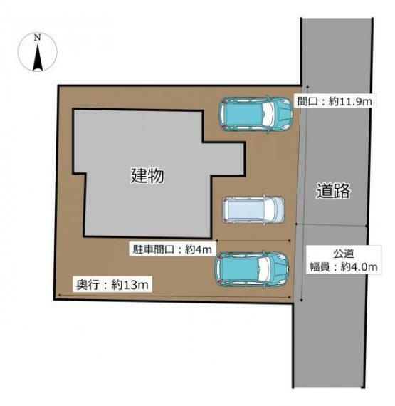 外観写真 【区画図】お家の区画図です。花壇等を撤去し駐車3台可能となっています。北側の駐車スペースにはカーポートもついております。