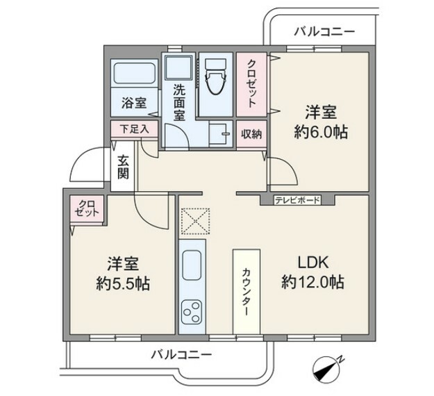 間取り図 間取りは専有面積56.86平米の2LDK。2方向にバルコニーがあるプラン。居室はすべて洋室仕様です。各個室と室内廊下に収納付き。バルコニー面積は8.89平米です。