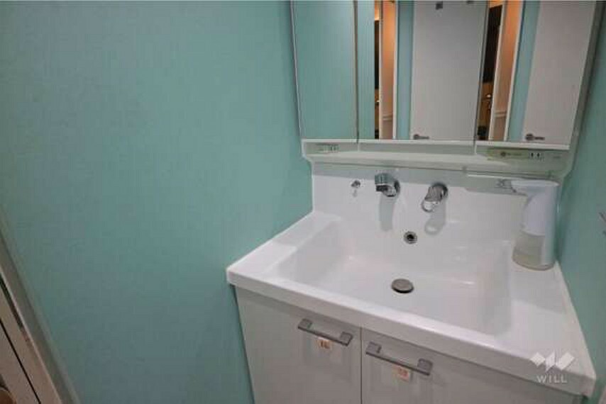 脱衣場 洗面台です。三面鏡となっており、鏡の裏にも収納可能です。［2023年6月6日撮影］