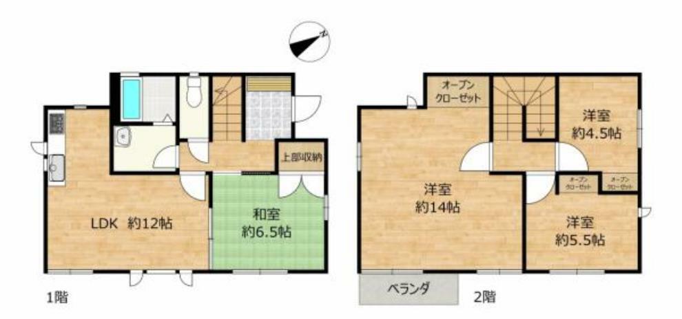 間取り図 【間取り】2階建て4LDKのお家です。4LDKと十分な部屋数があり、全居室に収納がございますので、ご家族でも住みやすい住宅ですよ。