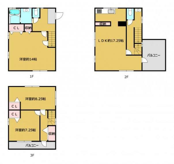 間取り図 【リフォーム後間取図】3階建、3LDKのお家です。約17帖のLDKと、各7帖以上の居室がございます。1階約14帖のお部屋は主寝室としても使えそうですね。