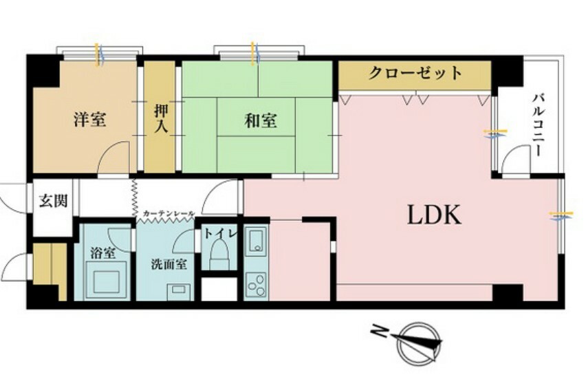 間取り図 2LDK、専有面積57.25m2、バルコニー面積3.44m2