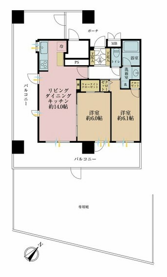 間取り図 2LDK、専有面積56.57平米、バルコニー面積42.6平米