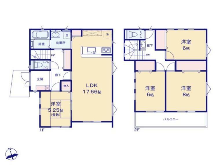 間取り図 明るい全室2面採光の住宅です。 広いLDK17.6帖はご家族の共有スペース。 2階3部屋は全室6帖以上のゆとりある間取りで ご家族それぞれのお部屋に最適です。 広い南庭でお子様も元気に遊べます。