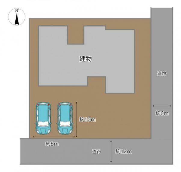 区画図 【配置図】普通車2台駐車可能です。自宅に車が停められる生活は駐車場を借りなくて済むので家計にもやさしい生活ですよ。