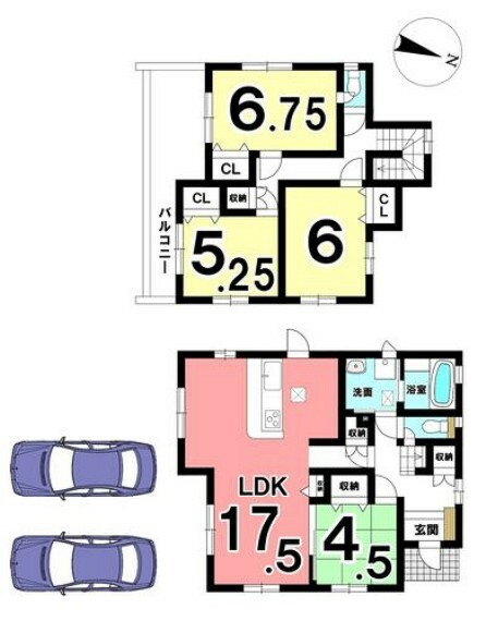 間取り図 1階は和室と合わせて22帖の大きなお部屋としてご利用頂けます。全室に加え、1・2階廊下にも収納スペースを確保しております。