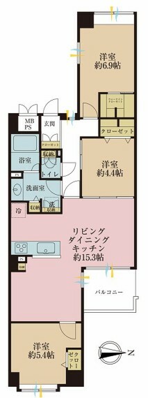 間取り図 3LDK、専有面積74.53平米平米、バルコニー面積5.2平米