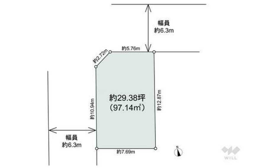土地図面 土地面積97.14平米の整形地。北西角地で、日当たりを確保しやすいお土地になっています！接道間口も十分に確保されていて、車も停めやすいですね。