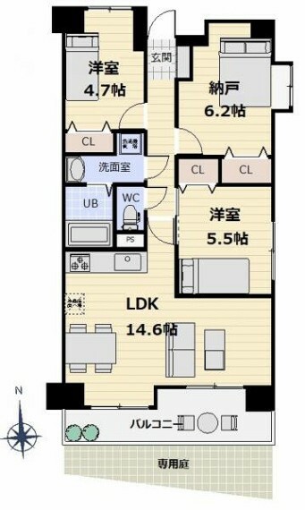 間取り図 2LDK＋納戸。納戸は居室としても使える広さ！