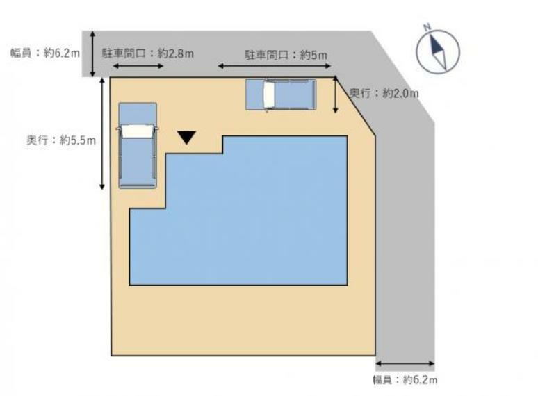 区画図 【リフォーム済】普通車1台駐車可能。普通自動車駐車場1台拡幅しました。前面道路は約6mと広くなっていますので、お車の運転が苦手な方でも安心ですね。