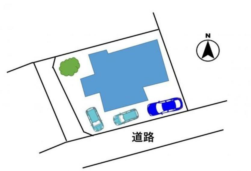 【区画図】敷地内に小型車も含め、3台駐車可能です。また、前面道路の交通量も少ないため、出入りもしやすくなってます。