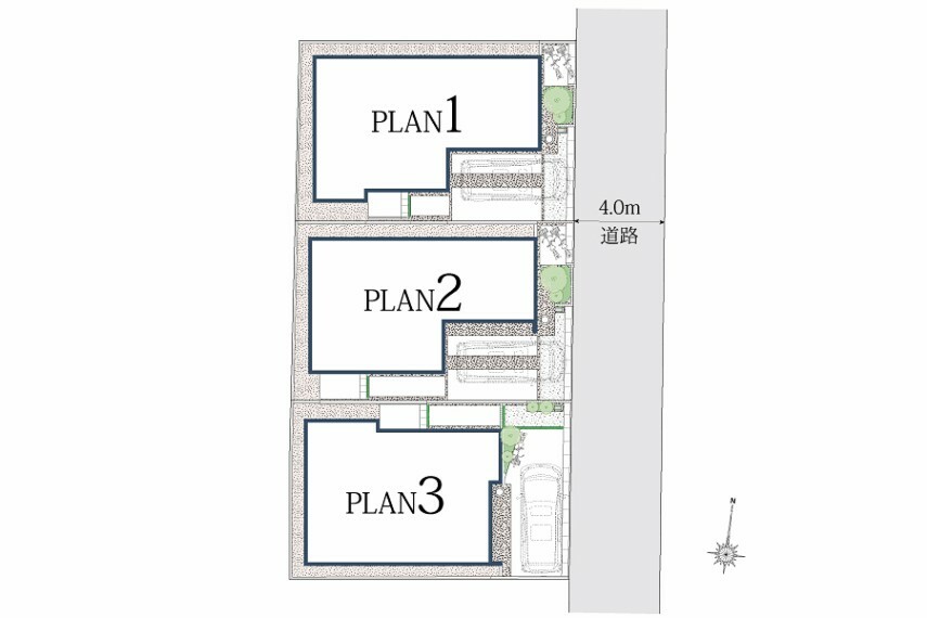 区画図 区画図  南面にカースペースを配置し、陽当たりを考えた全3邸の配棟計画。